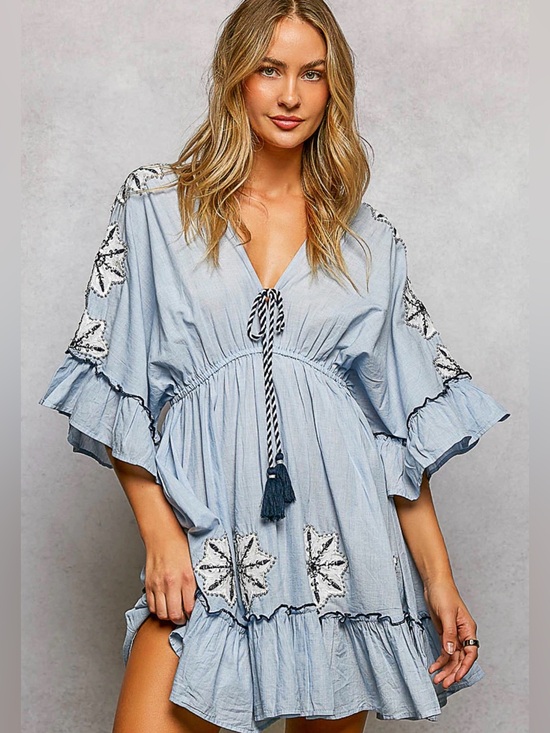 POL Dresses & Skirts - POL Boho Embroidered Star Mini Dress with Tassel Tie – Light Denim Blue Large